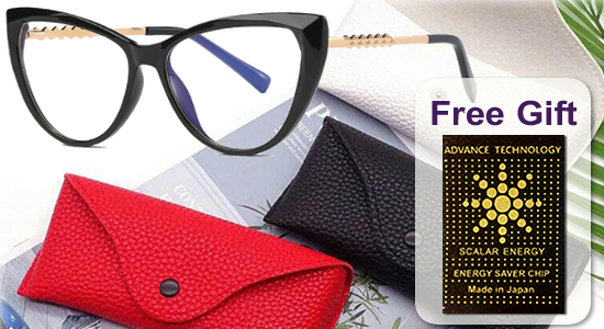 Ladies Cat Eye frame with gold temple and plano anti blue light lens