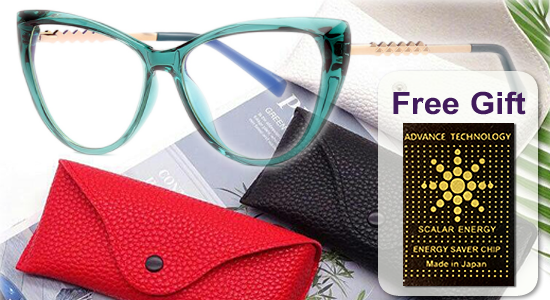 Ladies Cat Eye frame with gold temple and plano anti blue light lens