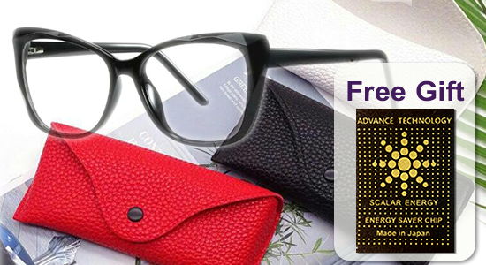 Ladies Cat Eye frame with gold temple and plano anti blue light lens