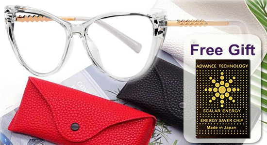 Ladies Cat Eye frame with gold temple and plano anti blue light lens